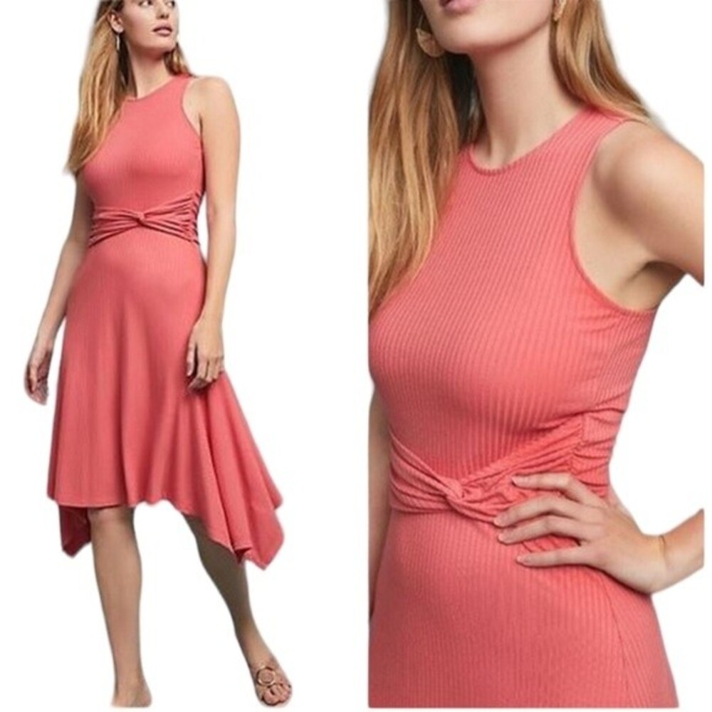 Anthropologie Stretch Ribbed Kingsolver Midi Dress Size XS Raspberry Coral Pink